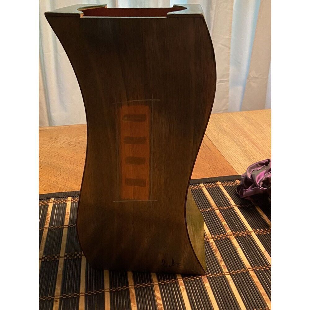 Kakadu Art Israel Wood Vase Handpainted Signed Reut‎ Shahar 12” Tall 4” By 4”